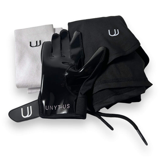 View of the bundle of UNYT-US products including the UNYT-US 1.0 Gloves, the UNYT-US Scrunching Socks and the UNYT-US Moment Compression Leg Sleeves..