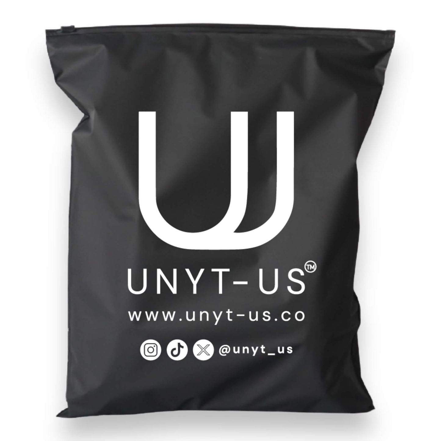 View of the UNYT-US zip-lock packaging. Custom with social media links including Instagram, TikTok, & X.