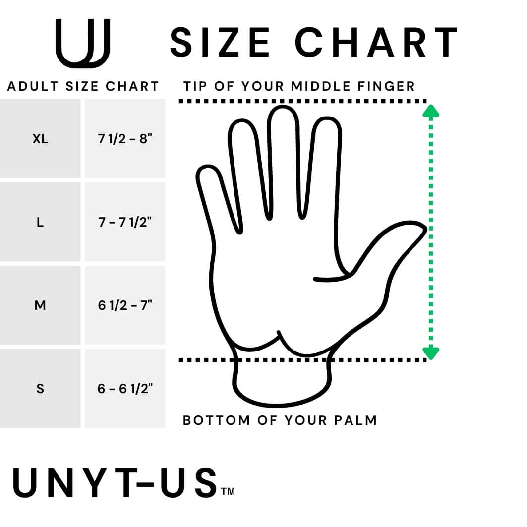 Size Chart for UNYT-US 1.0 Football Receiver Gloves. Sizes XL, L, M, S.