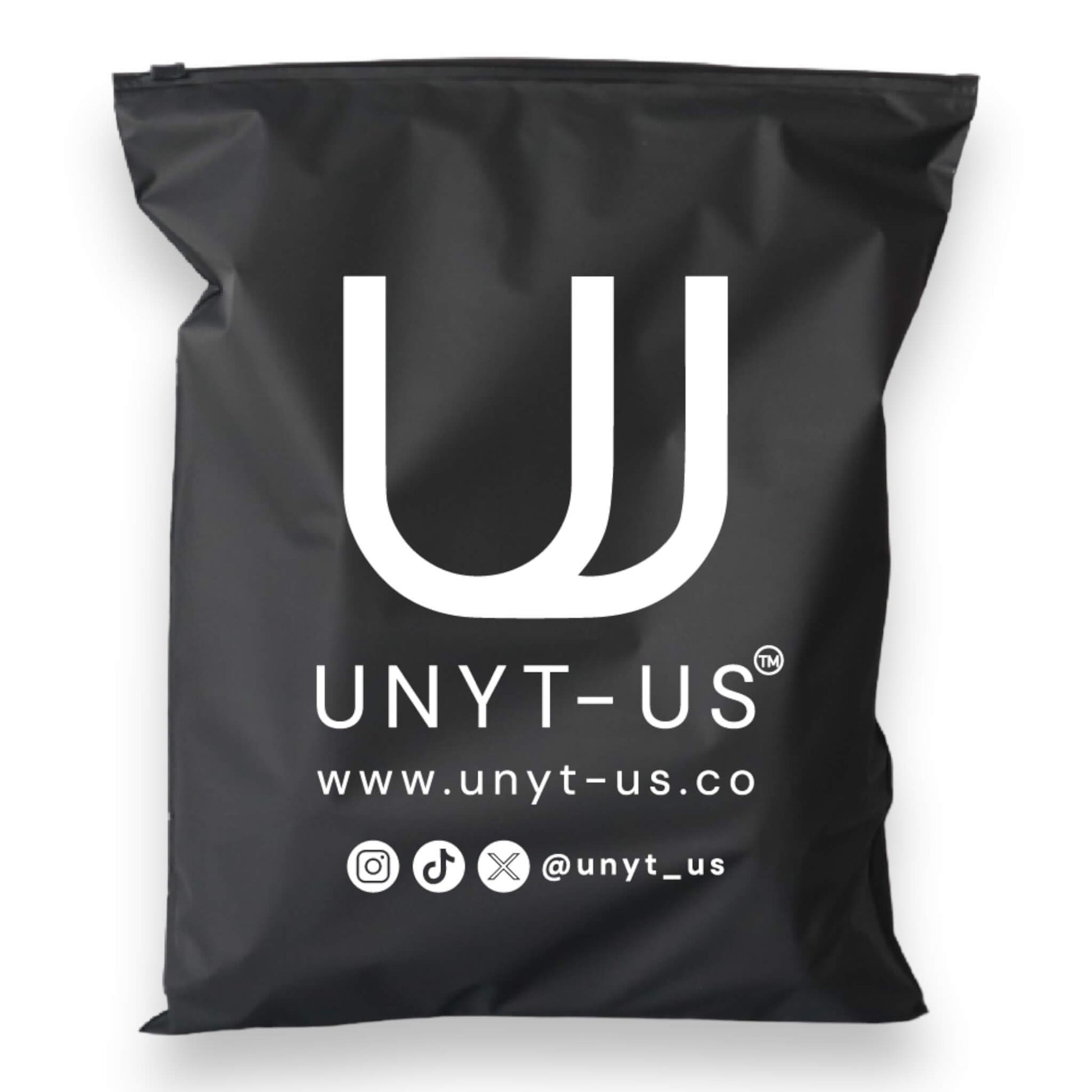 View of the UNYT-US zip-lock packaging.  Custom with social media links including Instagram, TikTok, & X.