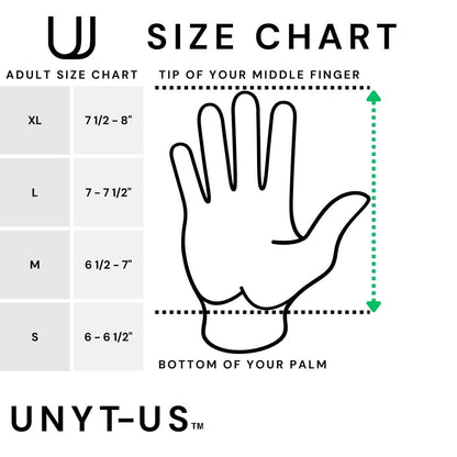 Size Chart for UNYT-US 1.0 Football Receiver Gloves. Sizes XL, L, M, S.