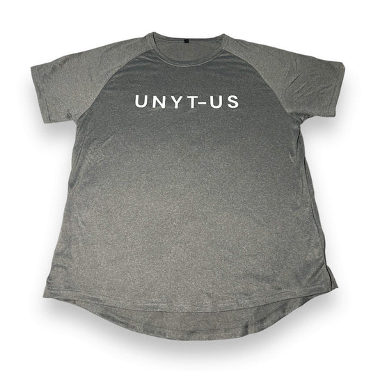 A gray short-sleeve UNYT-US Performance T-shirt displayed on a flat surface.
